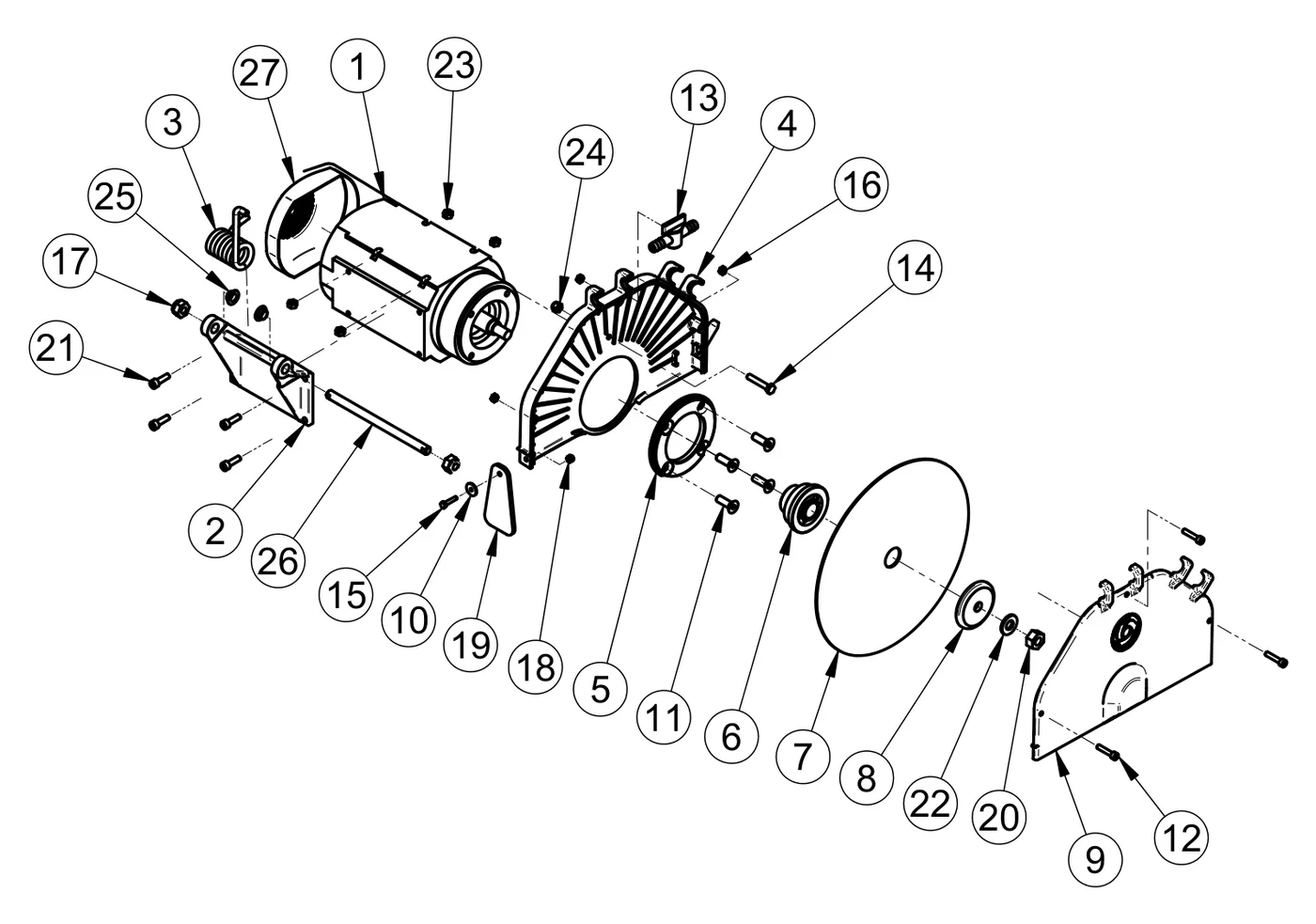 Combicut 250/1000 VA Blade Protection Motor Assembly, exploded view with reference numbers
